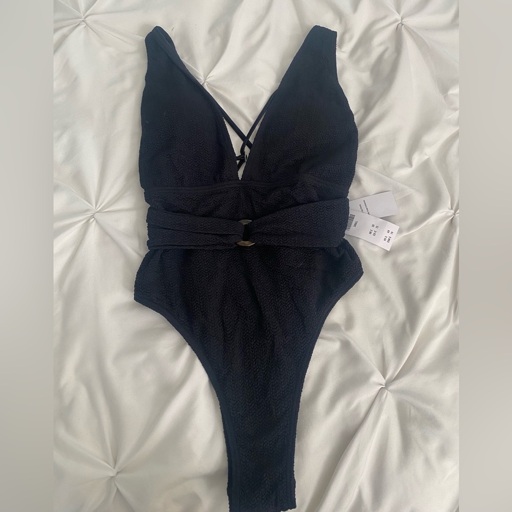 Abercrombie & Fitch Black Textured One-Piece Swimsuit with Waist Tie